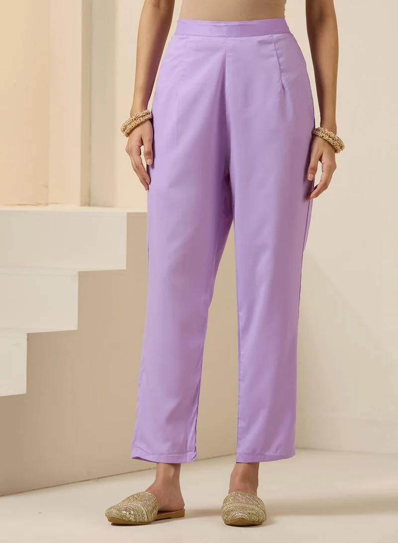 ISHIN Women's Lilac Polyester Blend Embroidered Tunic Full Length Casual Straight Fit Kurta Set