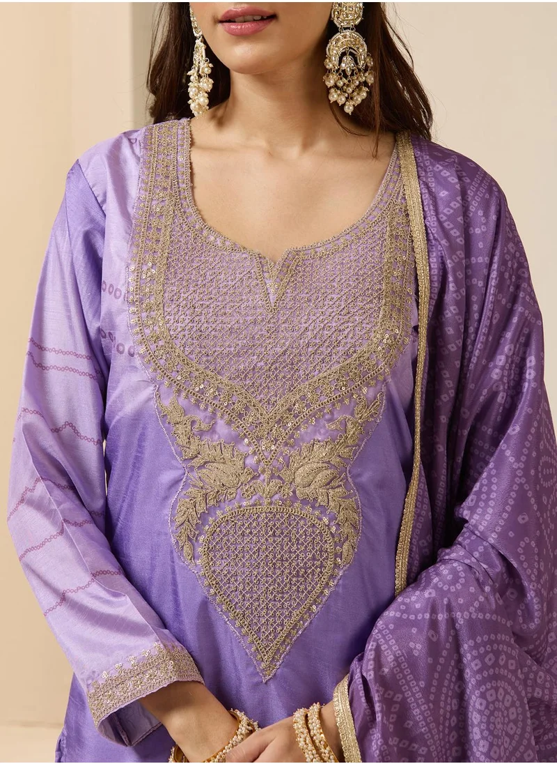 ISHIN Women's Lilac Polyester Blend Embroidered Tunic Full Length Casual Straight Fit Kurta Set