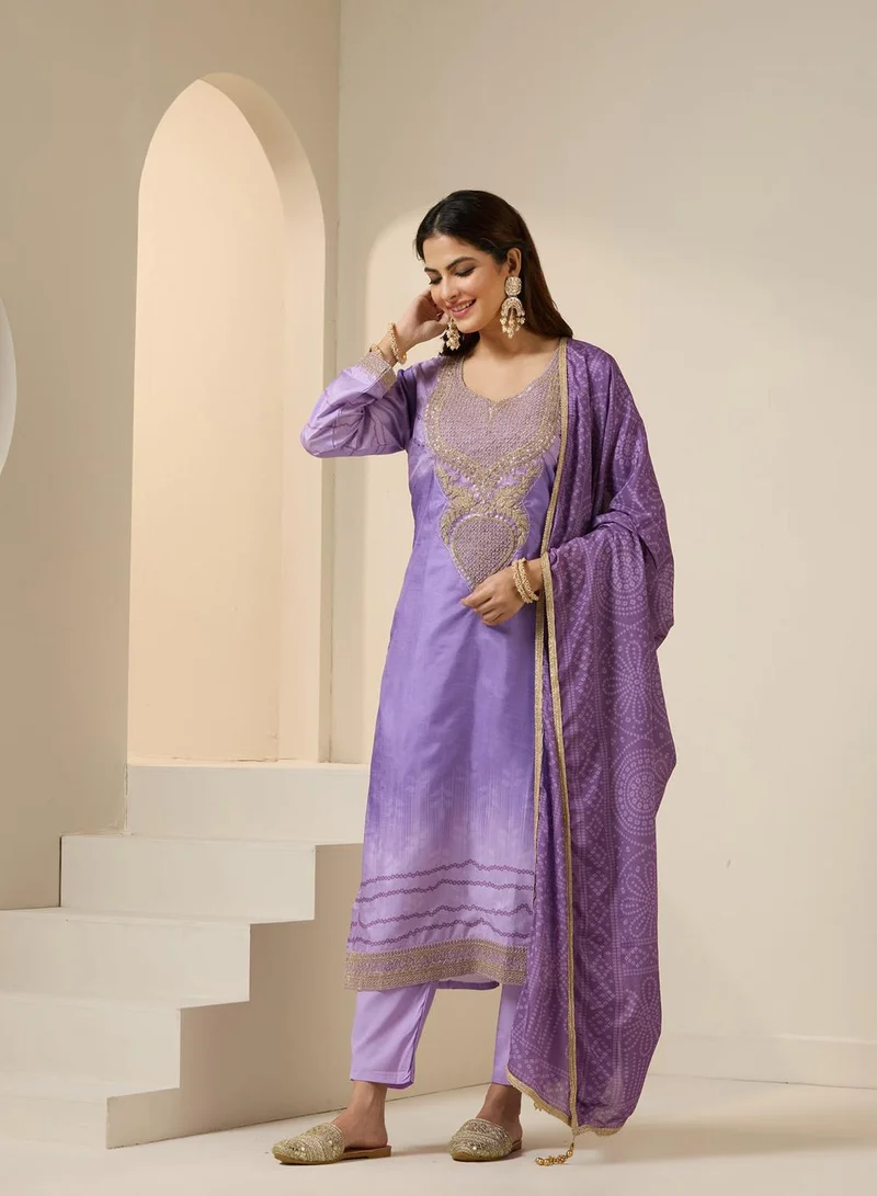 ISHIN Women's Lilac Polyester Blend Embroidered Tunic Full Length Casual Straight Fit Kurta Set
