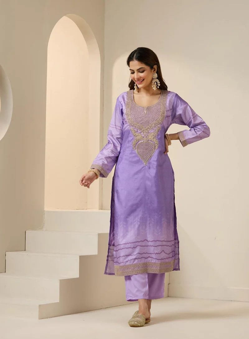 ISHIN Women's Lilac Polyester Blend Embroidered Tunic Full Length Casual Straight Fit Kurta Set