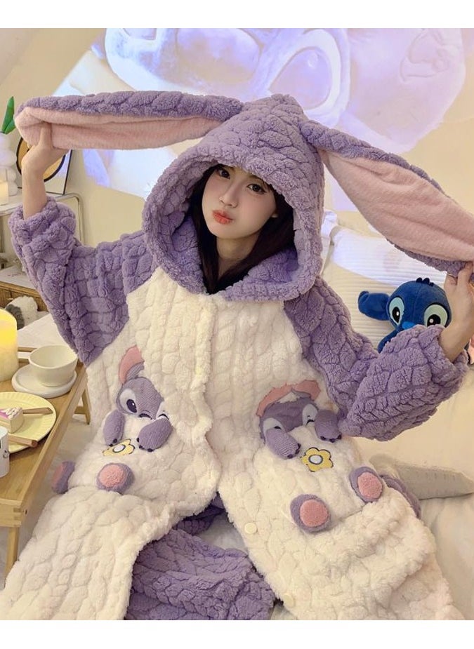 KUYING - Ugly Fish Pajama Velvet Robe Thickened Long Sleeve Pants Casual Comfortable Home Suit Set of Two - Image 1