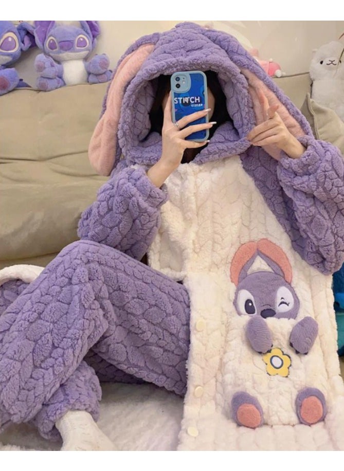 KUYING - Ugly Fish Pajama Velvet Robe Thickened Long Sleeve Pants Casual Comfortable Home Suit Set of Two - Image 1
