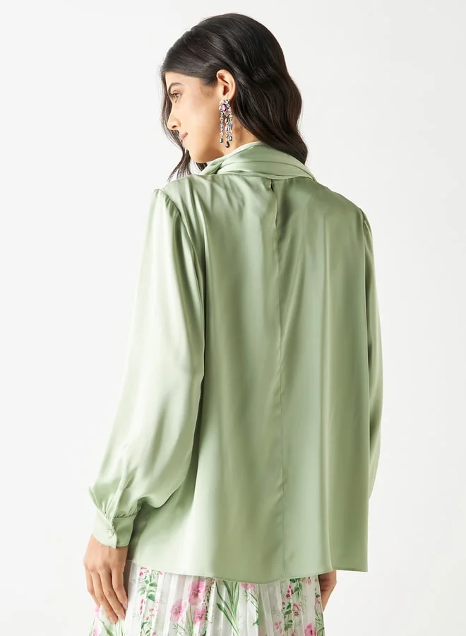Iconic Iconic Solid Draped Top with High Neck and Long Sleeves