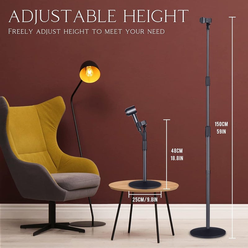 woobles Hands Free Hair Dryer Stand Holder -  Rotatable Blower Stand Holder Floor Stand, Durable Metal Blow Dryer Stand with Heavy Base, Adjustable Height Lady Hair Drying Holder for Women Pets-Black - Image 2