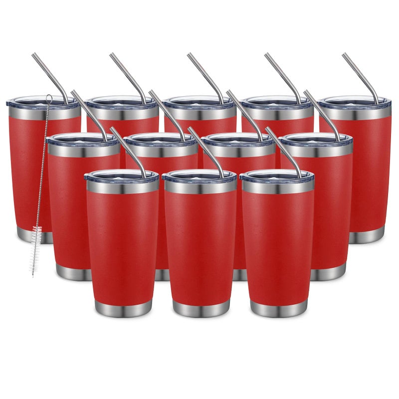 COMOOO 20oz Double Wall Vacuum Insulated Travel Mug Stainless Steel Tumbler with Lid and Straw Durable Powder Coated Insulated Coffee Cup for Cold  Hot Drinks red12 pack