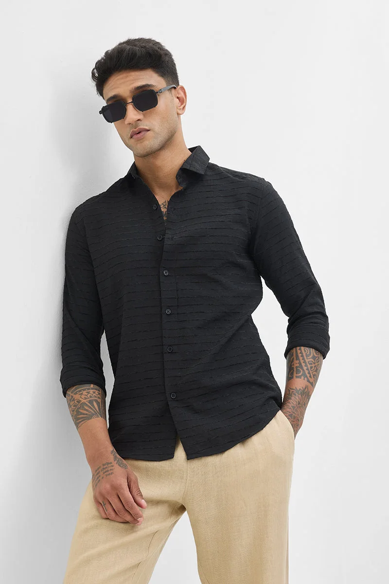 SNITCH Black Textured Long Sleeve Slim Fit Casual Shirt