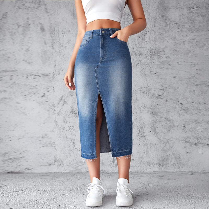 Factory direct 2024 European and American cross-border blue half-length denim skirt womens split A- line skirt slim mid-length overskirt Blue