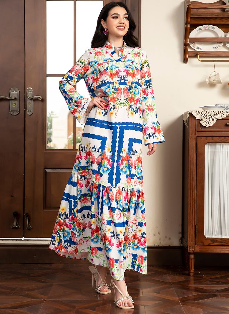 فرايديين لبس العطلة طوق على شكل V زهري تباين اللون الربط الاكمام المتوهجة فساتين طويلة ازرق - Image 3