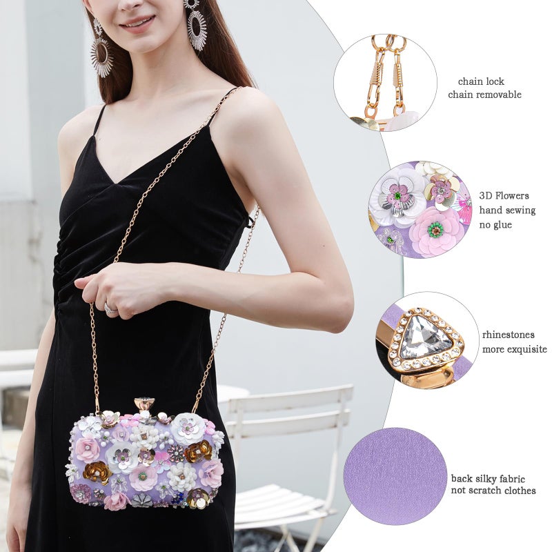 BBTT.ful Women Clutches Flower Evening Handbags Chain Strap Shoulder Bag Wedding bag purse (Purple) - Image 5
