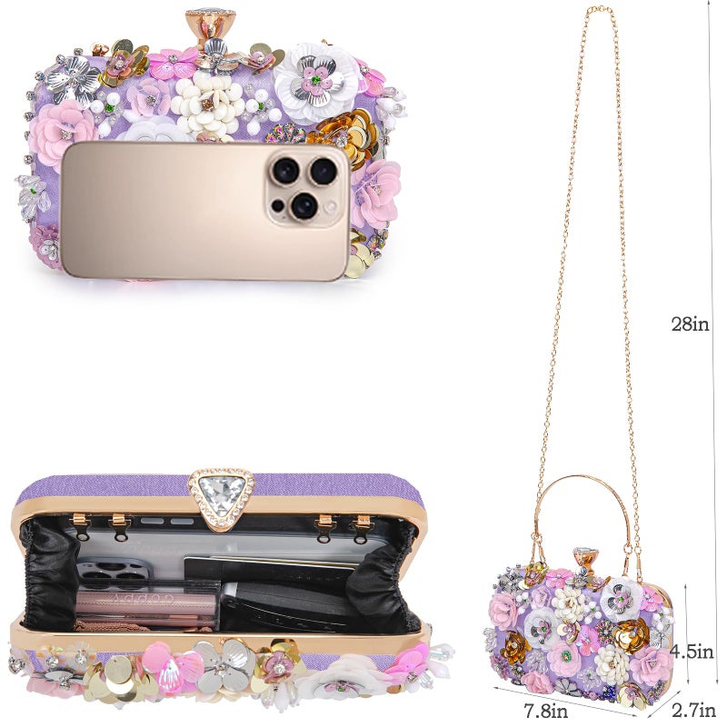 BBTT.ful Women Clutches Flower Evening Handbags Chain Strap Shoulder Bag Wedding bag purse (Purple) - Image 4