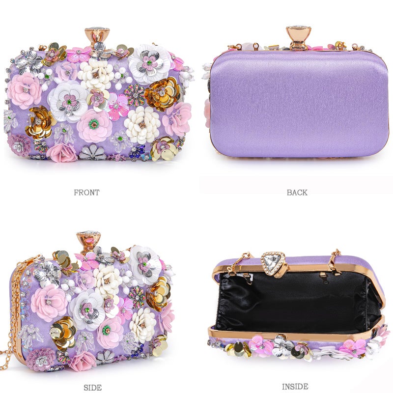 BBTT.ful Women Clutches Flower Evening Handbags Chain Strap Shoulder Bag Wedding bag purse (Purple) - Image 3
