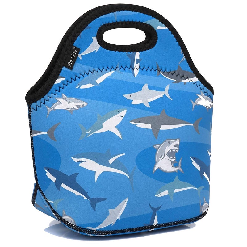FlowFly Neoprene Kids Lunch box Insulated Soft Bag Mini Cooler Thermal Meal Tote Kit for Boys GirlsMenWomenSchoolWork Office Shark