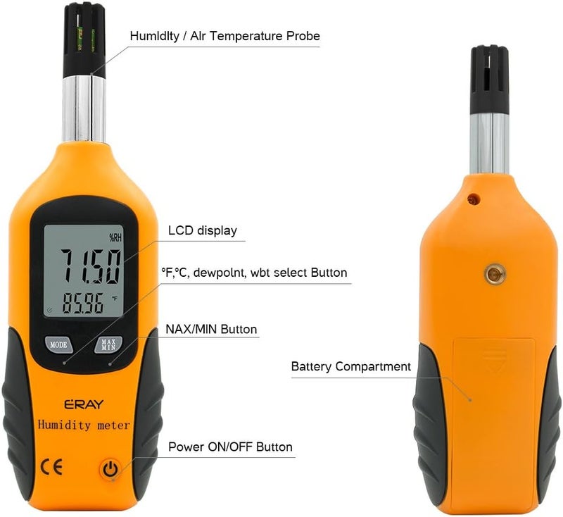 ERAY Digital Psychrometer Thermometer Hygrometer with Backlight, Temperature and Humidity Reader Meter Thermo-Hygrometer with Dew Point and Wet Bulb Temperature, 9V Battery Included(Yellow) - Image 3