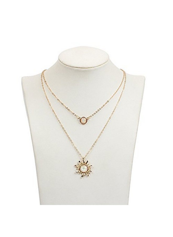 COLORFUL BLING Double Chains Moon And Sun Layered Choker Necklace Sunflower Opal Pendant Necklace Gift For Womena Double Gold Sun  - Image 3