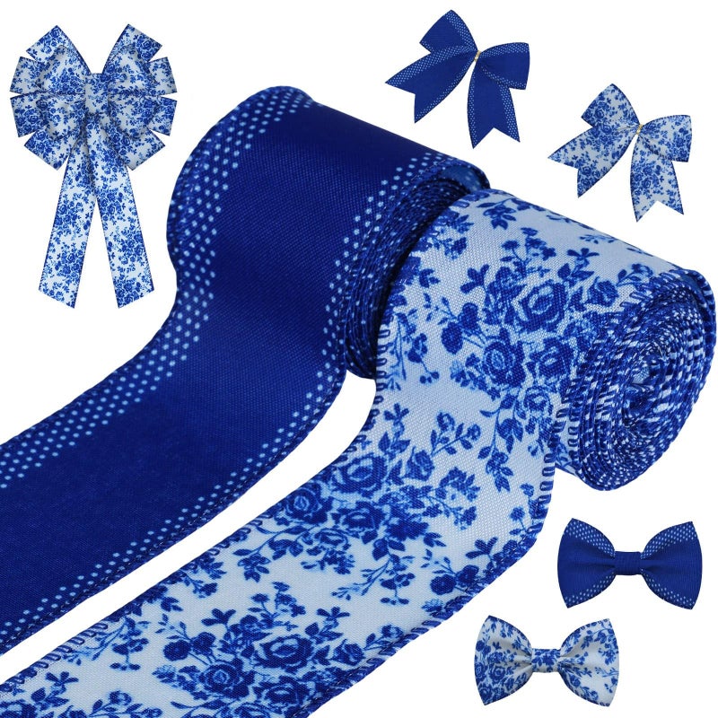 YKW 2 Rolls Chinoiserie Blue Floral Wired Edge Ribbon, 2.5 Inch Ã— 5 Yards Each, Blue and White Linen Ribbon for Wreaths, Crafts, Bows, Wedding Decor - Spring Flower Decorative - Image 1