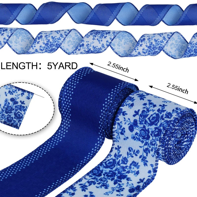YKW 2 Rolls Chinoiserie Blue Floral Wired Edge Ribbon, 2.5 Inch Ã— 5 Yards Each, Blue and White Linen Ribbon for Wreaths, Crafts, Bows, Wedding Decor - Spring Flower Decorative - Image 2