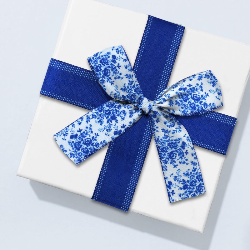 YKW 2 Rolls Chinoiserie Blue Floral Wired Edge Ribbon, 2.5 Inch Ã— 5 Yards Each, Blue and White Linen Ribbon for Wreaths, Crafts, Bows, Wedding Decor - Spring Flower Decorative - Image 4