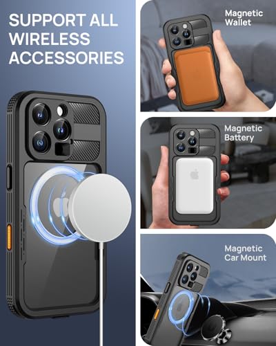 Lanhiem Magnetic for iPhone 16 Pro Case, IP68 Waterproof Dustproof Case, [Compatible with Magsafe] [Built-in Screen Protector] Full Body Heavy Duty Rugged Phone Cover 6.3 inch, Black/Clear - Image 4