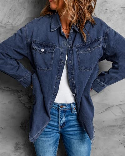 Vetinee Women's Oversized Boyfriend Dark Blue Front Button Up Frayed Raw Hem Long Sleeve Pockets Denim Jean Jacket Shacket X-Large Size 16 Size 18 - Image 4