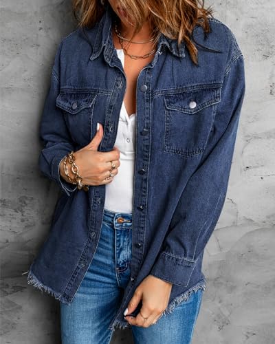Vetinee Women's Oversized Boyfriend Dark Blue Front Button Up Frayed Raw Hem Long Sleeve Pockets Denim Jean Jacket Shacket X-Large Size 16 Size 18 - Image 2