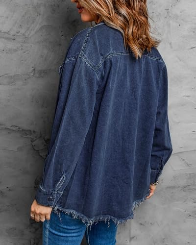 Vetinee Women's Oversized Boyfriend Dark Blue Front Button Up Frayed Raw Hem Long Sleeve Pockets Denim Jean Jacket Shacket X-Large Size 16 Size 18 - Image 3