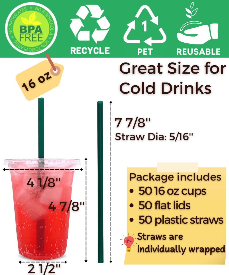 Aatriet [50 Sets] 16 oz Clear Plastic Cups with Lids and Straws  Disposable Coffee Cups - Image 2