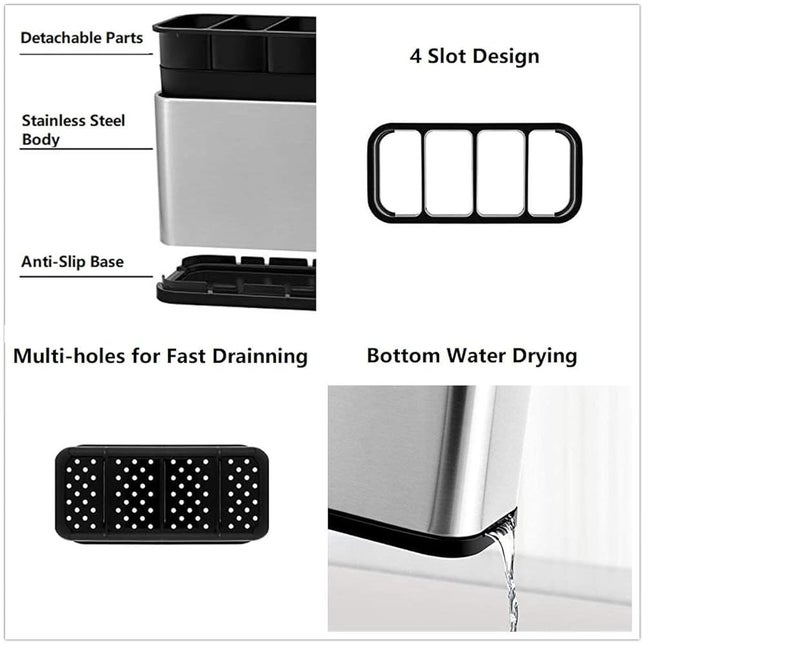 KMOTID Stainless Steel Kitchen Utensil Holder Drainer Cooking Cutlery Holder Countertop Organizer 4 Divided Utensil Caddy Rust Proof Sinkware Holder for forksknivesspoonswhisks and more SilverBlack - Image 5