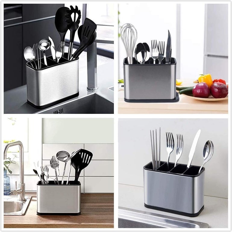 KMOTID Stainless Steel Kitchen Utensil Holder Drainer Cooking Cutlery Holder Countertop Organizer 4 Divided Utensil Caddy Rust Proof Sinkware Holder for forksknivesspoonswhisks and more SilverBlack - Image 4
