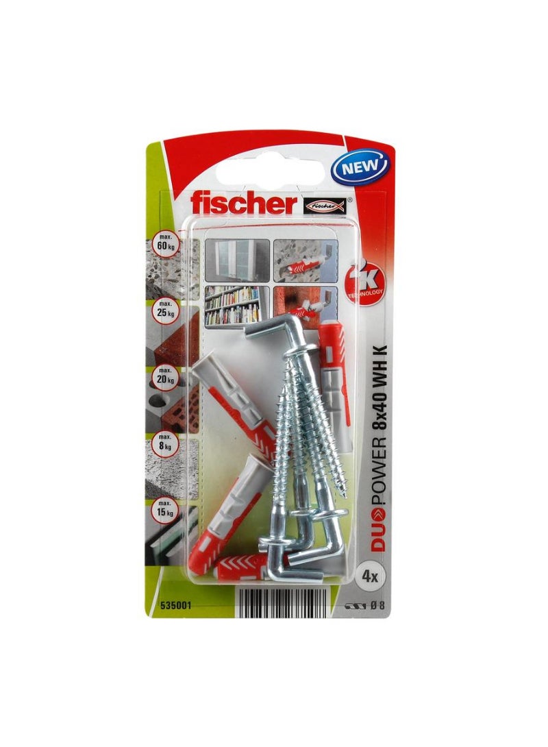 Fischer Fischer DuoPower Universal Wall Anchor W/ Angle Hook Pack 0.8 x 4cm 4Pcs
