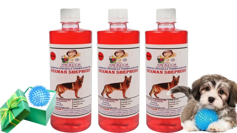 swacch Shampoo | Puppy Safe Shampoo | PH Balanced | Ditch to Itch for German Shepherd Shampoo 500ml Pack of 3 (Strawberry) + Spike Ball Chew Toy Combo Pack - Image 1