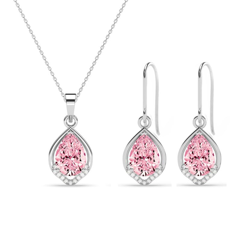 CLARA 925 Sterling Silver Jino Pink Pear Solitaire Pendant Earrings Chain Necklace Jewellery Set | Platinum Plated, Swiss Zirconia |Gift for Women and Girls - Image 1
