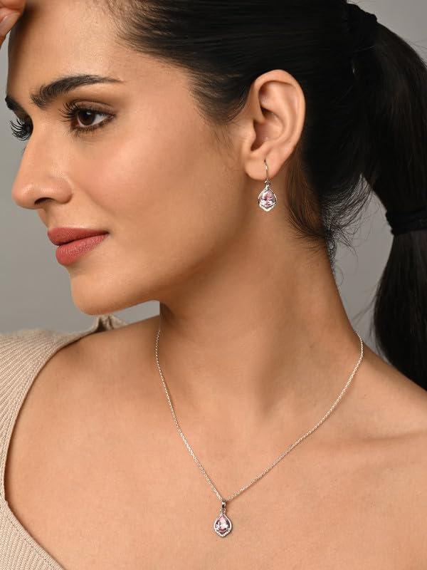 CLARA 925 Sterling Silver Jino Pink Pear Solitaire Pendant Earrings Chain Necklace Jewellery Set | Platinum Plated, Swiss Zirconia |Gift for Women and Girls - Image 3