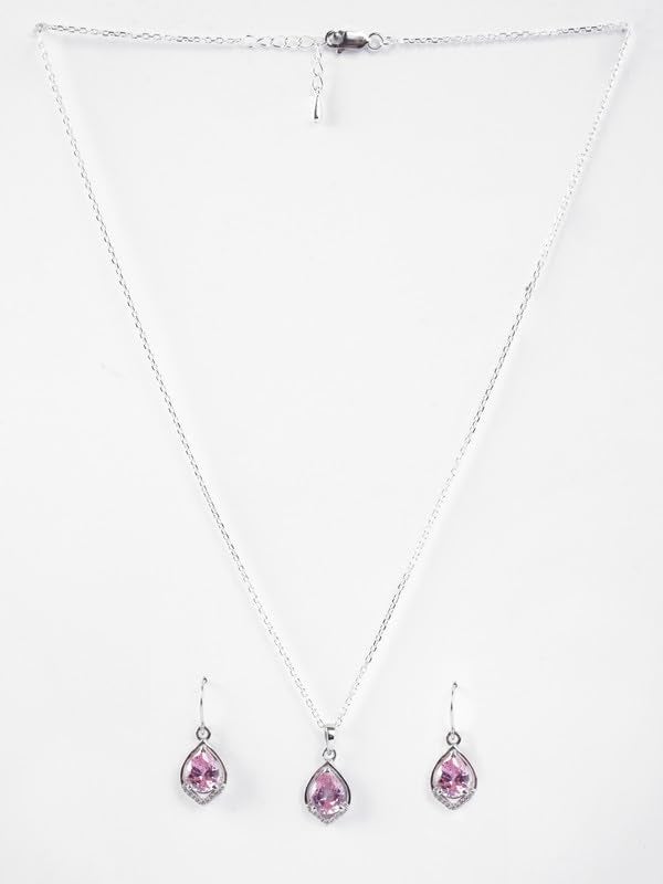 CLARA 925 Sterling Silver Jino Pink Pear Solitaire Pendant Earrings Chain Necklace Jewellery Set | Platinum Plated, Swiss Zirconia |Gift for Women and Girls - Image 4