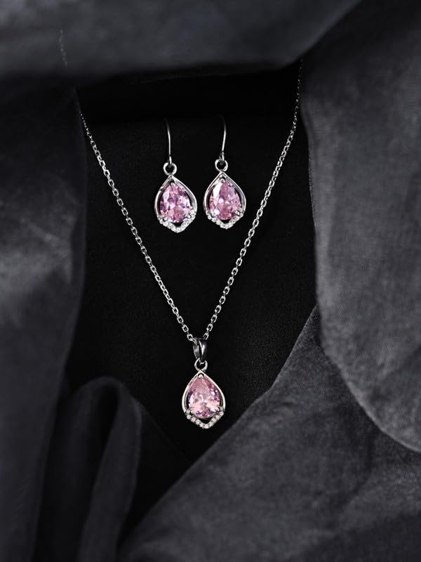 CLARA 925 Sterling Silver Jino Pink Pear Solitaire Pendant Earrings Chain Necklace Jewellery Set | Platinum Plated, Swiss Zirconia |Gift for Women and Girls - Image 2