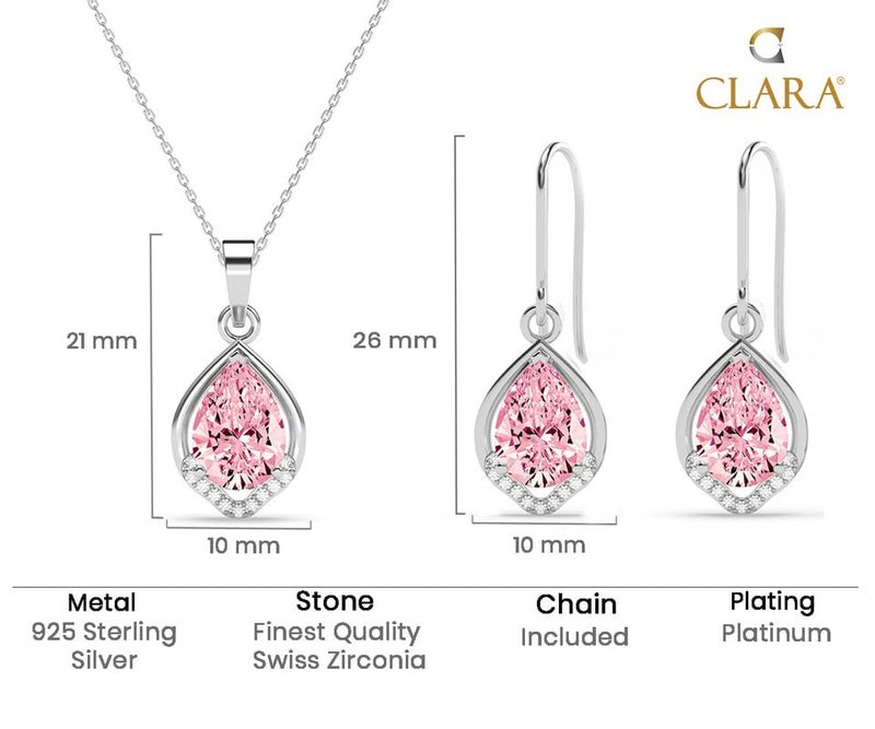 CLARA 925 Sterling Silver Jino Pink Pear Solitaire Pendant Earrings Chain Necklace Jewellery Set | Platinum Plated, Swiss Zirconia |Gift for Women and Girls - Image 5