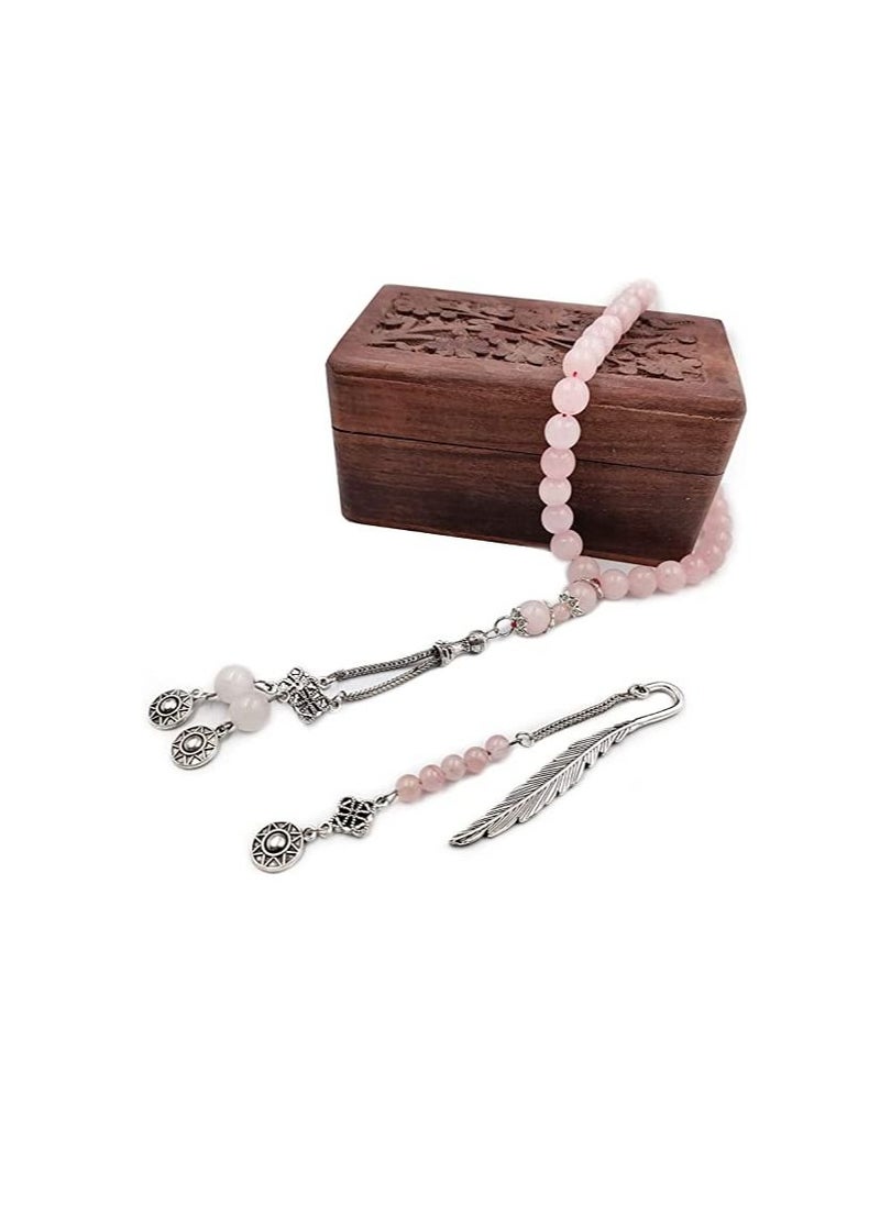 REBUY REBUY Islamic Prayer Beads Tasbih Natural Rose Quartz Stone Misbaha Tasbeeh 33 Beads Women's Tasbih with Rose Quartz Bookmark Metal Bookmark Gift for Women & Girls,Stone Rose Quartz, Wooden Gift Box  - Image 4