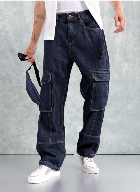 Men Relaxed Fit Distressed Mid-Rise Cargo Denim