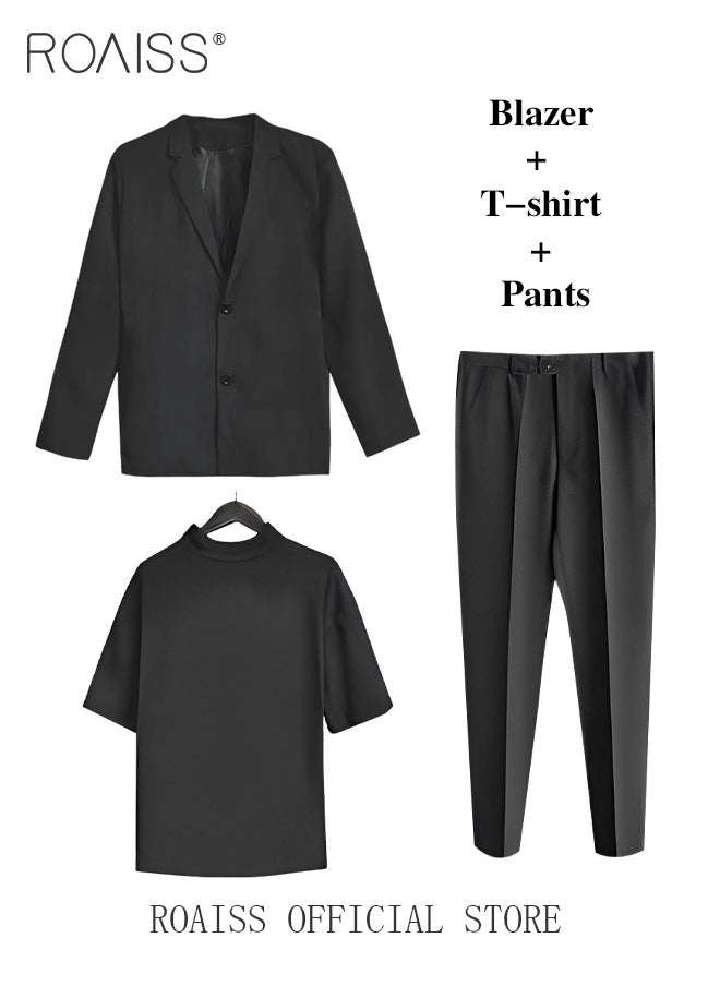roaiss - 3 Pieces Leisure Suits for Men Notch Lapels Relaxed Fit Blazer T shirt and Pants Suit Light Mature Style Long Sleeve Business Casual Formal Clothes - Image 1