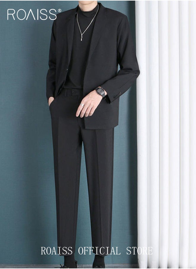 roaiss - 3 Pieces Leisure Suits for Men Notch Lapels Relaxed Fit Blazer T shirt and Pants Suit Light Mature Style Long Sleeve Business Casual Formal Clothes - Image 1