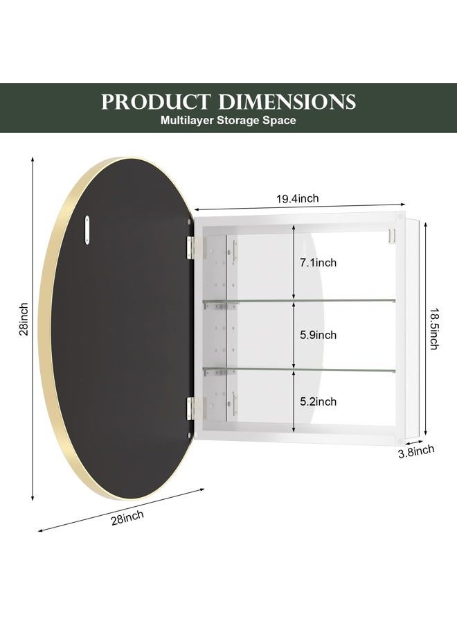 WallBeyond Bathroom Medicine Cabinet with Mirror, 28 Inch Gold Round Mirror Medicine Mabinet Wall Mounted with Aluminum Alloy Metal Framed, Surface Mount Medicine Cabinet with Storage - Image 3