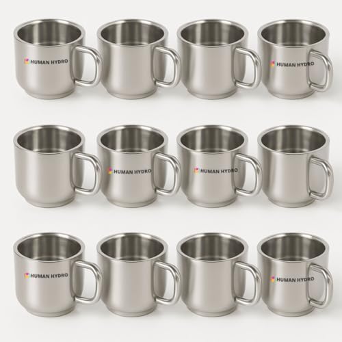Human Hydro Set of 12 Premium Large Stainless Steel Tea Cups | 130ml Each | Spill-Proof Rim Design | Durable, Rust-Free & Dishwasher Safe | Ideal for Tea, Coffee, Milk, Kids & Daily Use - Image 1