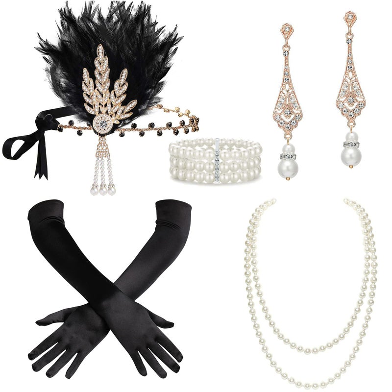 BABEYOND 1920s Accessories for Women Great Gatsby Accessories Flapper Headband Headpiece Pearl Necklace Gloves for Women