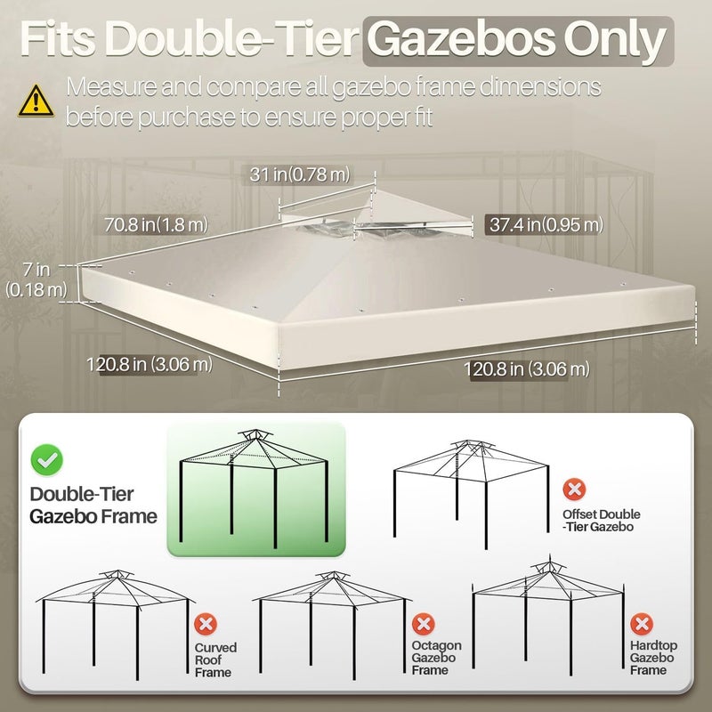 Flexzion 10'x10' Gazebo Replacement Canopy Top Cover (Ivory) - Dual Tier with Plain Edge Polyester UV30 Water Resistant for Outdoor Garden Patio Pavilion Sun Shade - Image 5