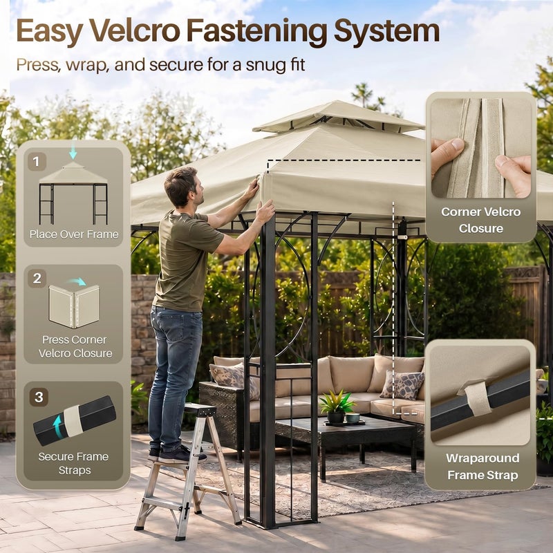 Flexzion 10'x10' Gazebo Replacement Canopy Top Cover (Ivory) - Dual Tier with Plain Edge Polyester UV30 Water Resistant for Outdoor Garden Patio Pavilion Sun Shade - Image 4