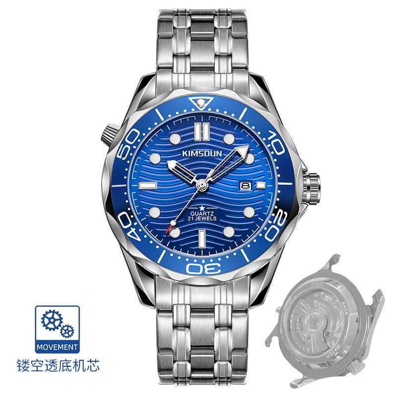 Seahorse Series Transparent Mens Mechanical Watch Silver Shell Blue Ring Blue Face-Steel Strip (Through Bottom) 