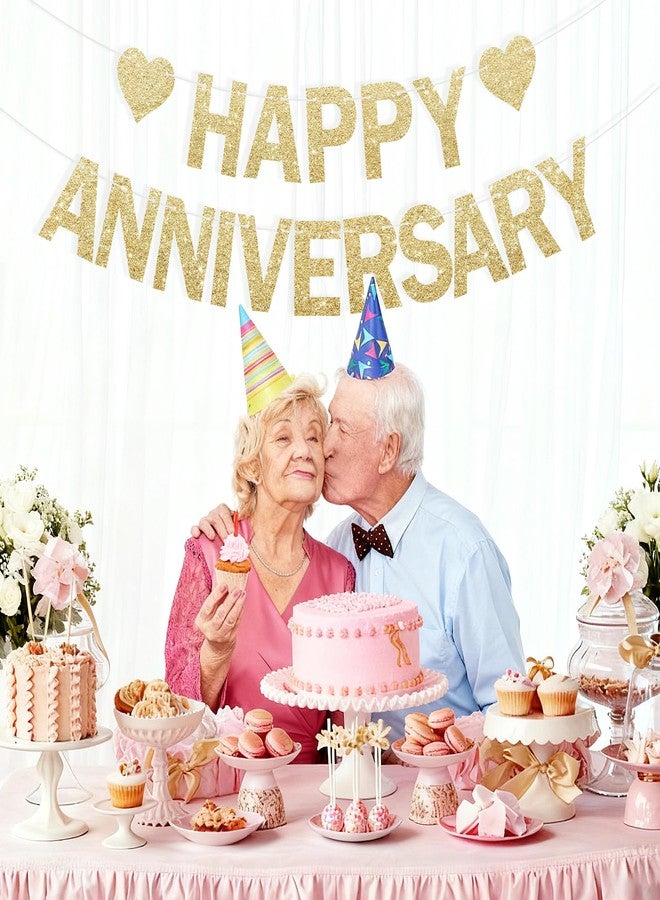 Partyprops Happy Anniversary Glitter Banner - No DIY - Champagne Gold Happy Anniversary Decorations Banner for Romantic Wedding Birthday Party Decorations - Image 2