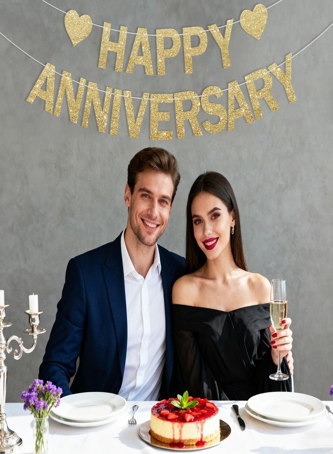 Partyprops Happy Anniversary Glitter Banner - No DIY - Champagne Gold Happy Anniversary Decorations Banner for Romantic Wedding Birthday Party Decorations - Image 3