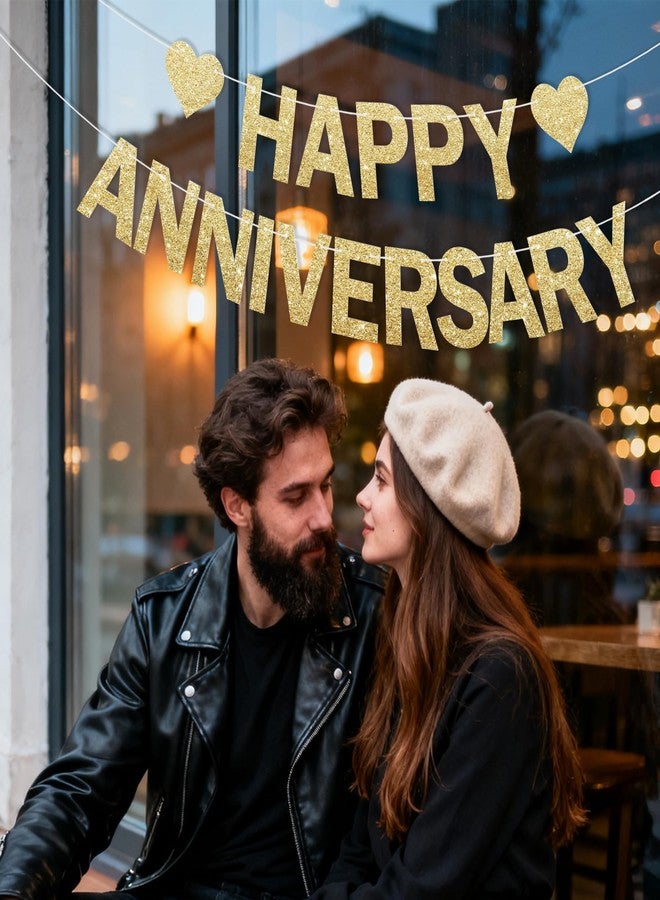Partyprops Happy Anniversary Glitter Banner - No DIY - Champagne Gold Happy Anniversary Decorations Banner for Romantic Wedding Birthday Party Decorations - Image 4