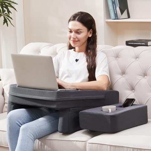comehealthy Lap Desk for Laptop, Reading Pillow for Adult, Memory Foam Gaming Pillow with Cup Holder, Arm Rest Couch Pillow for Working, Gaming, Reading, Laptop Desk for Couch Bed Floor(Grey) - Image 1