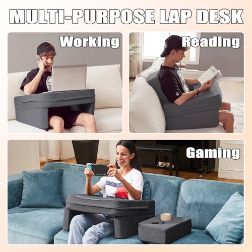 comehealthy Lap Desk for Laptop, Reading Pillow for Adult, Memory Foam Gaming Pillow with Cup Holder, Arm Rest Couch Pillow for Working, Gaming, Reading, Laptop Desk for Couch Bed Floor(Grey) - Image 3